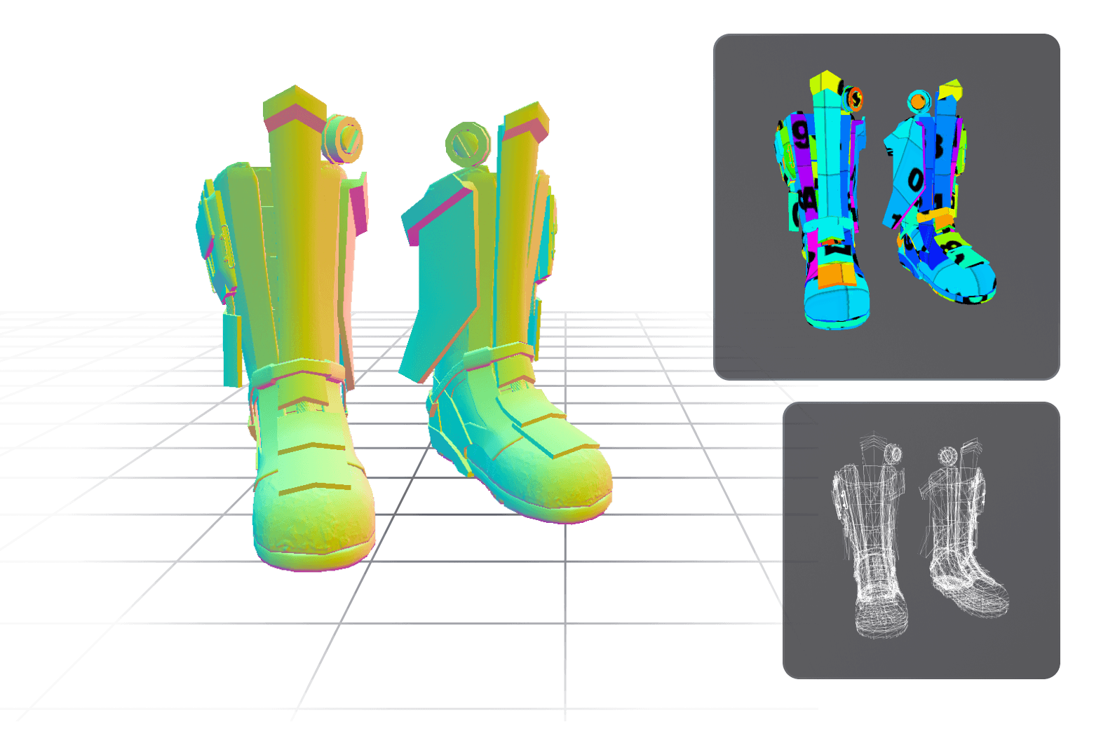 Boots model in normals, UVs and wireframe